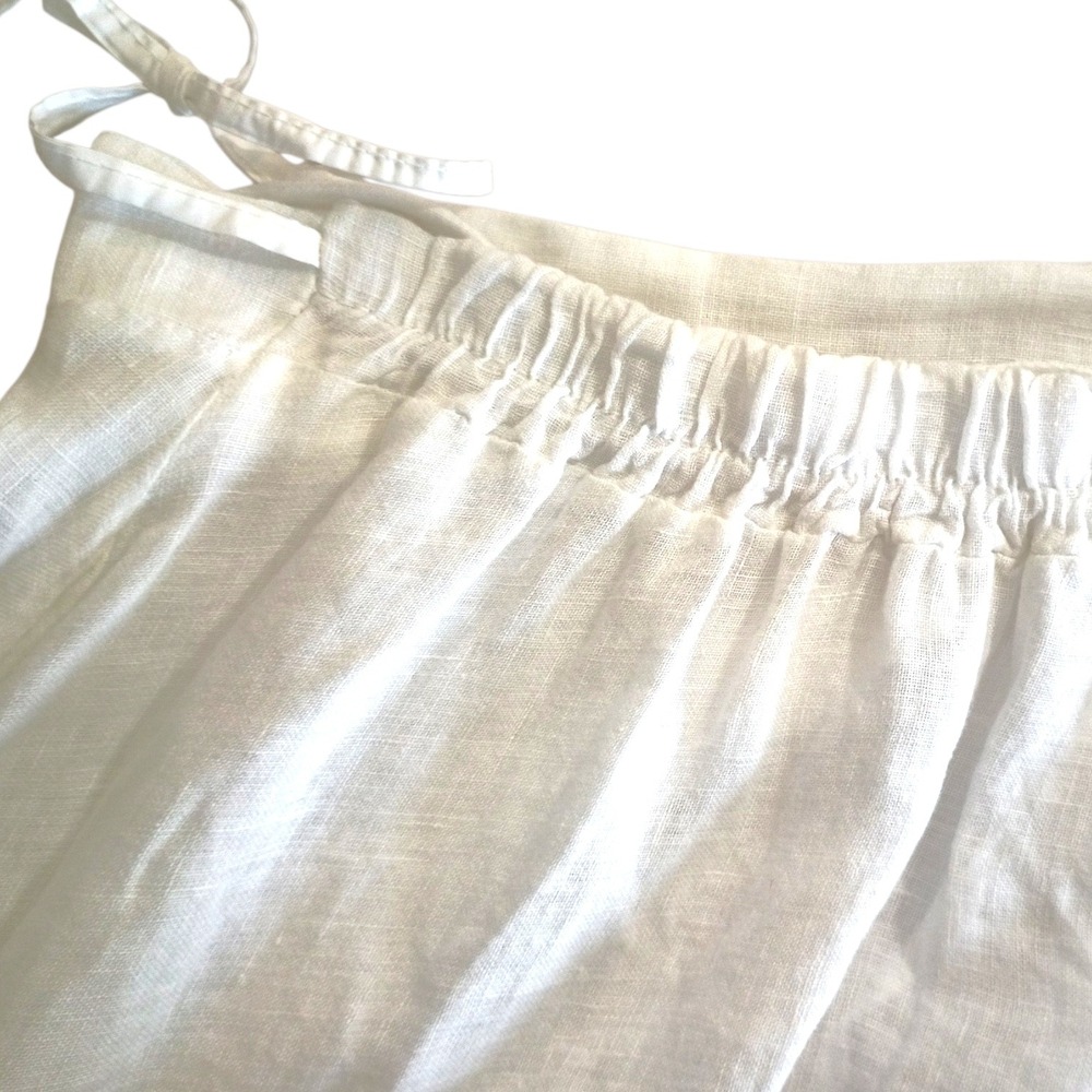 White Linen Wrap Midi Skirt Elastic Back Side Tie Coastal Minimalist Pocket - Picture 10 of 11